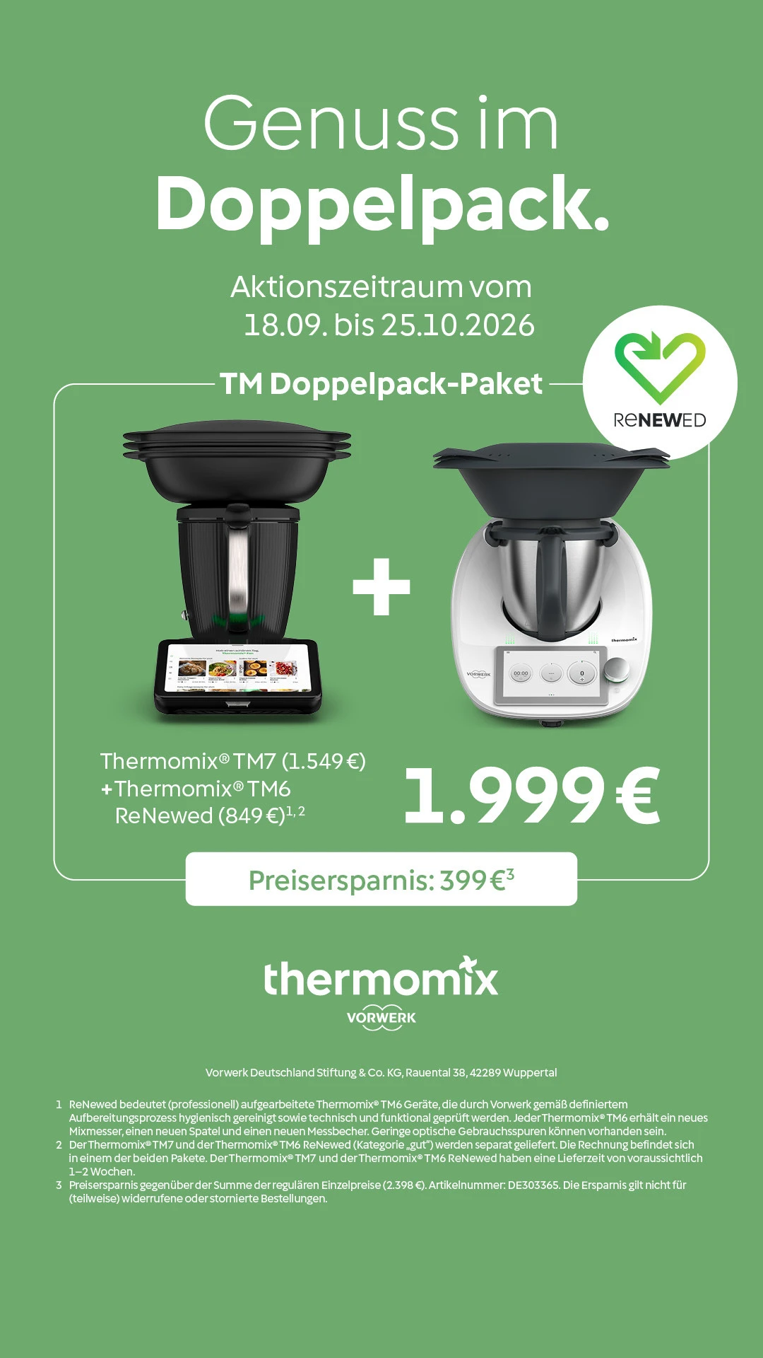 TM Doppelpack-Paket: Thermomix® TM7 (1.549 €) + Thermomix® TM6 ReNewed (849 €) = 1.999 €, Preisersparnis 399 €, Aktionszeitraum vom 18.09. bis 25.10.2026